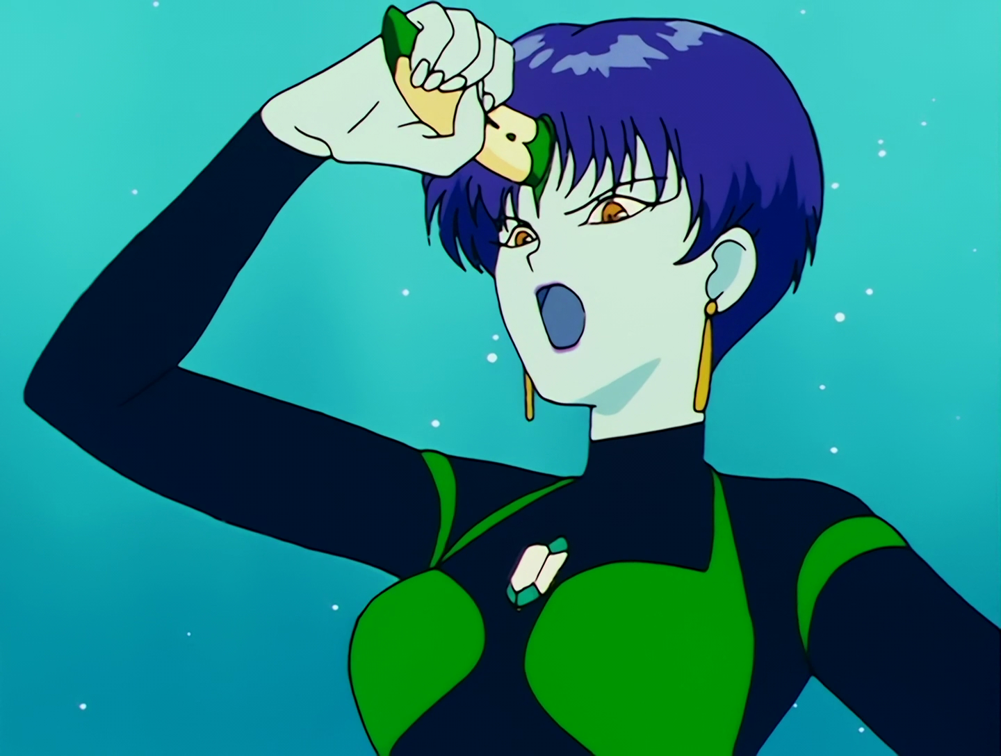 Akumuda, a Droid from Sailor Moon episode 69. She has light blue skin, short, dark blue hair, and a green and black outfit. She also has a yellow and green horn coming out of her forehead, which she’s grasping.